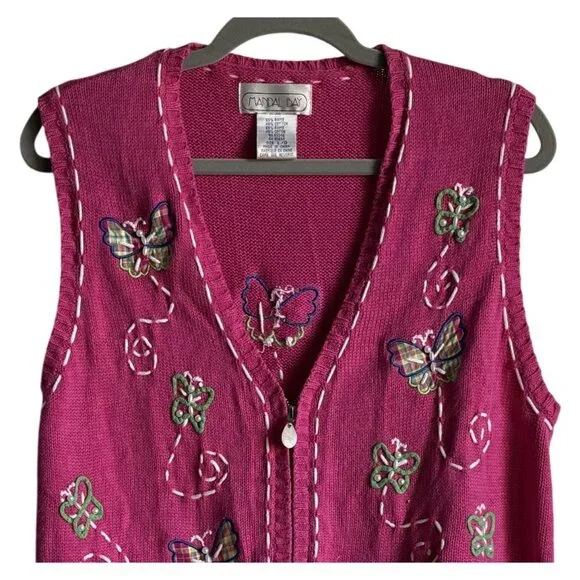 Mandal Bay VIntage Vest Butterfly Embroidered Grandmacore Teachercore Pink Zip L - Picture 2 of 6